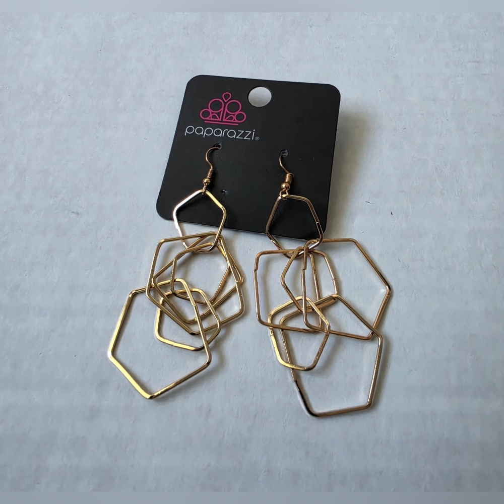 Paparazzi Gold Linked Hexagon Drop Earrings